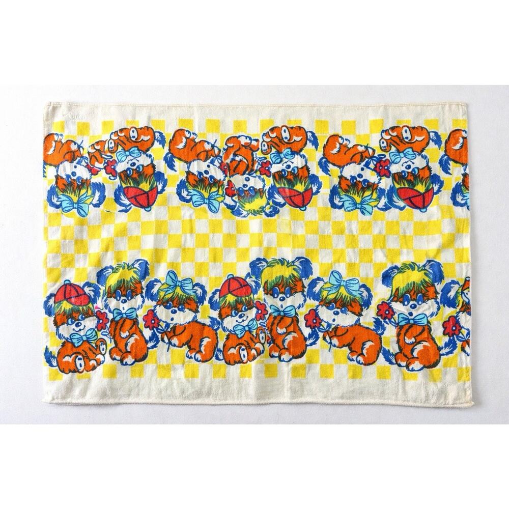 Vintage Puppy Dog Baby Blanket Terrycloth Yellow Checkered Retro Nursery 28x34